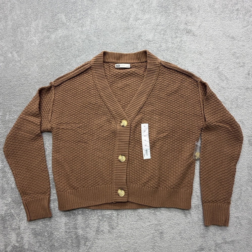 SO Sweater Womens M Brown V-Neck Button‎ Waffle-Knit Open Cardigan Relaxed Fit